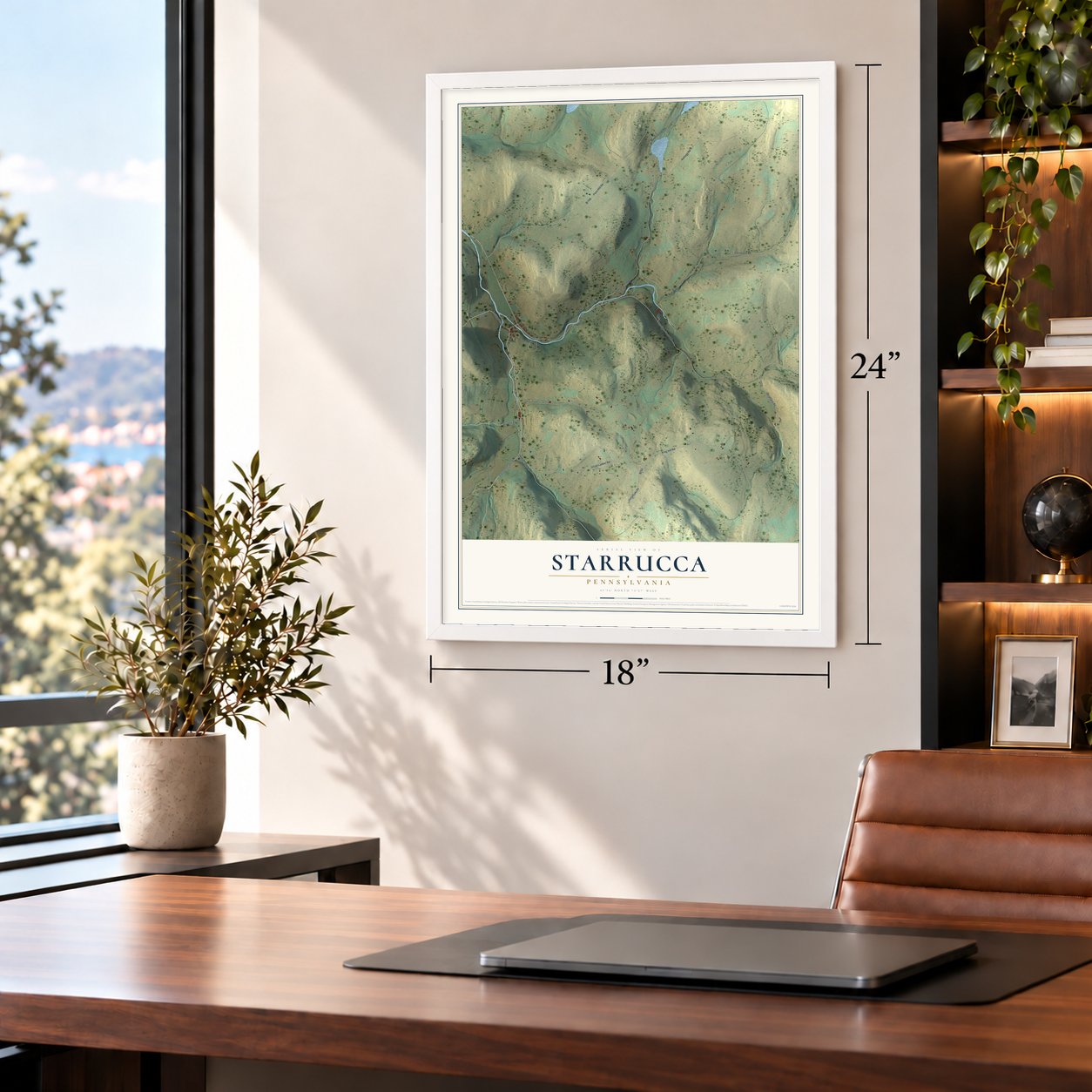 Starrucca, Pennsylvania map, 18 x 24 inch print in a white frame in a home office