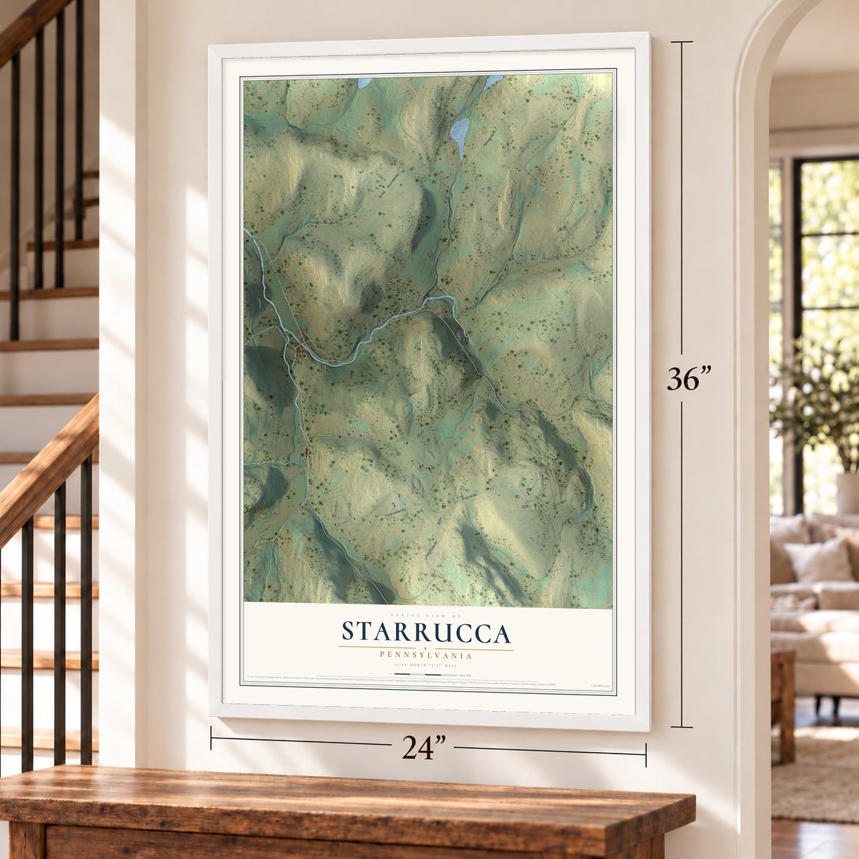 Starrucca, Pennsylvania map, 24 x 36 inch print in a white frame by a staircase