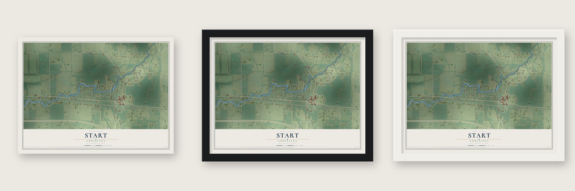 Start, Louisiana map unframed, in a black wood frame and in a white wood frame