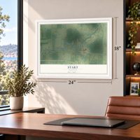 Start, Louisiana map, 18 x 24 inch print in a white frame in a home office