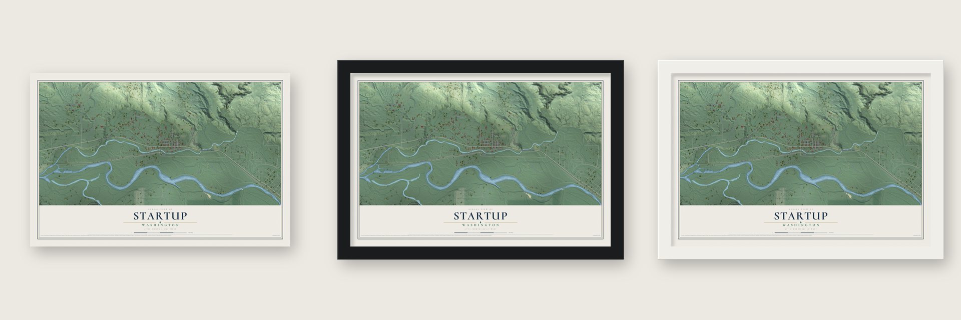 Startup, Washington map unframed, in a black wood frame and in a white wood frame