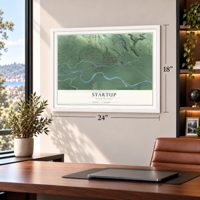 Startup, Washington map, 18 x 24 inch print in a white frame in a home office