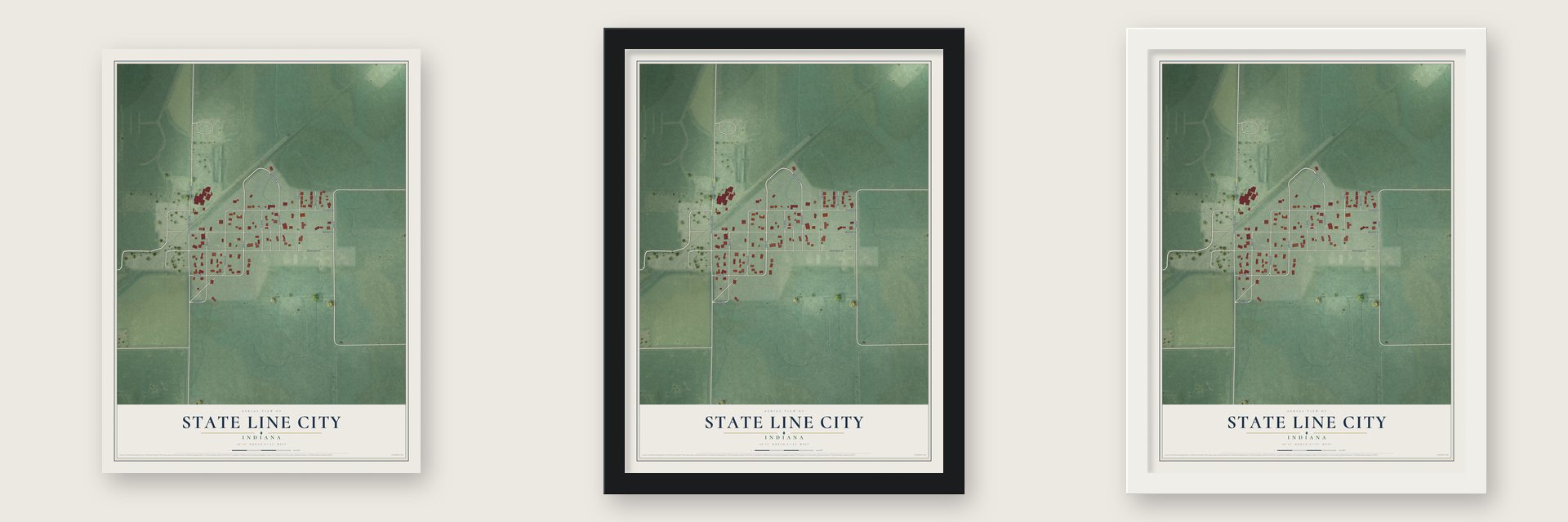 State Line City, Indiana map unframed, in a black wood frame and in a white wood frame