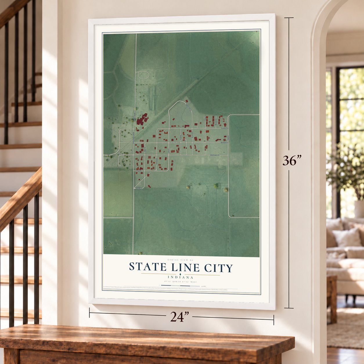 State Line City, Indiana map, 24 x 36 inch print in a white frame by a staircase