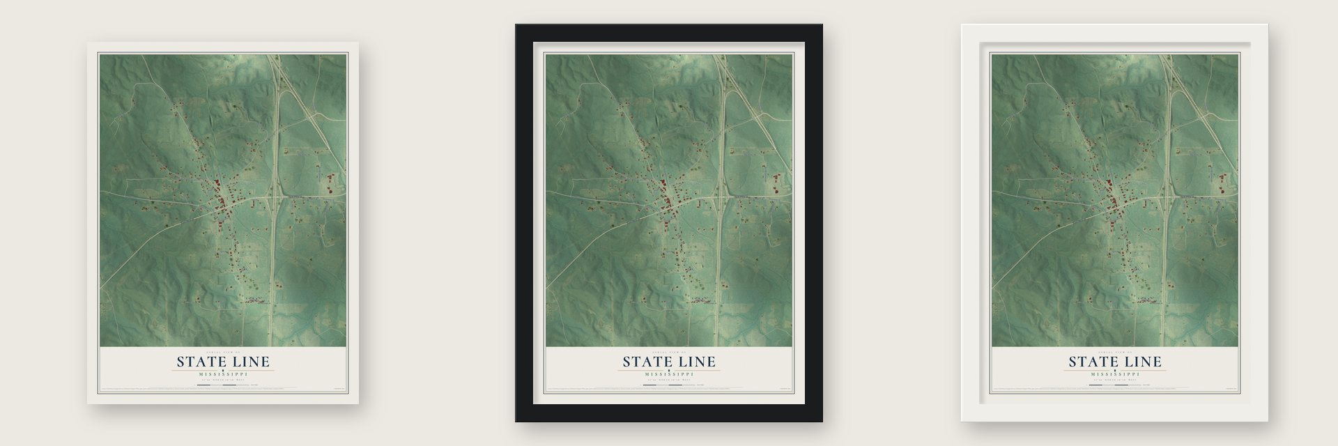 State Line, Mississippi map unframed, in a black wood frame and in a white wood frame