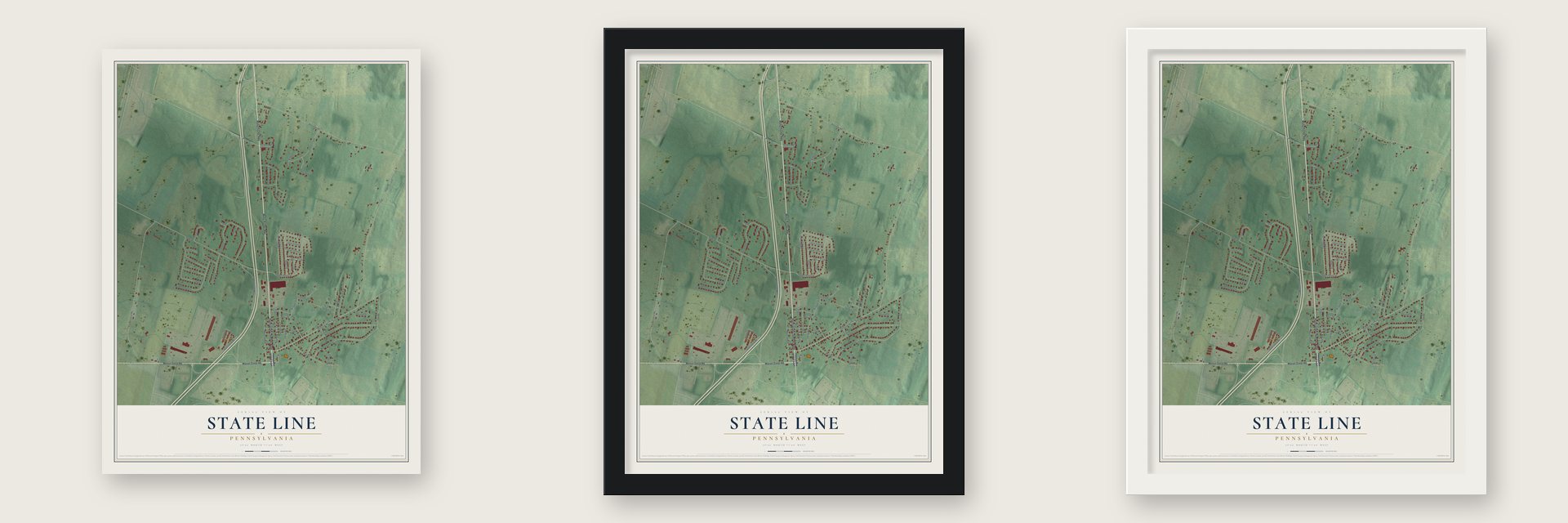 State Line, Pennsylvania map unframed, in a black wood frame and in a white wood frame