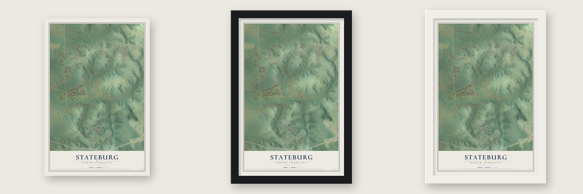 Stateburg, South Carolina map unframed, in a black wood frame and in a white wood frame