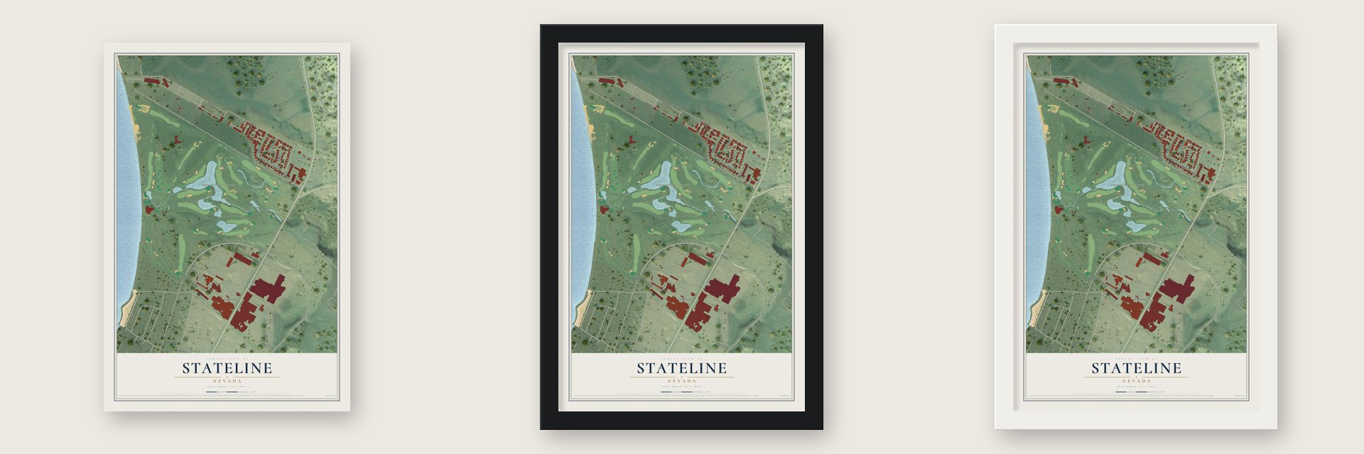 Stateline, Nevada map unframed, in a black wood frame and in a white wood frame