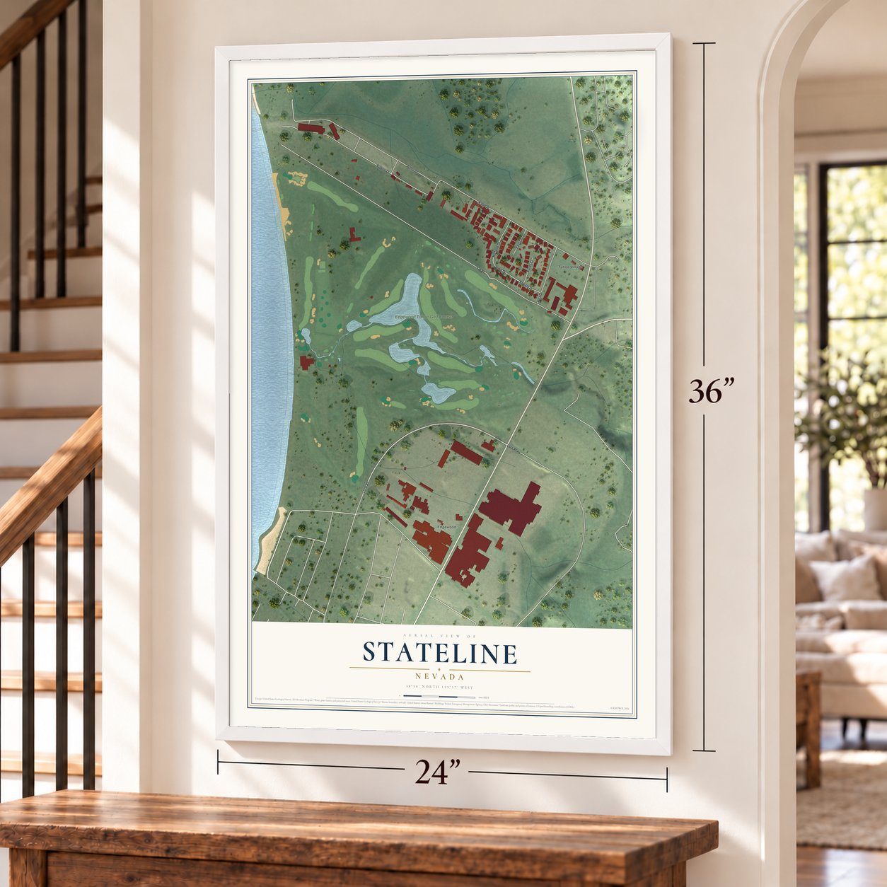 Stateline, Nevada map, 24 x 36 inch print in a white frame by a staircase