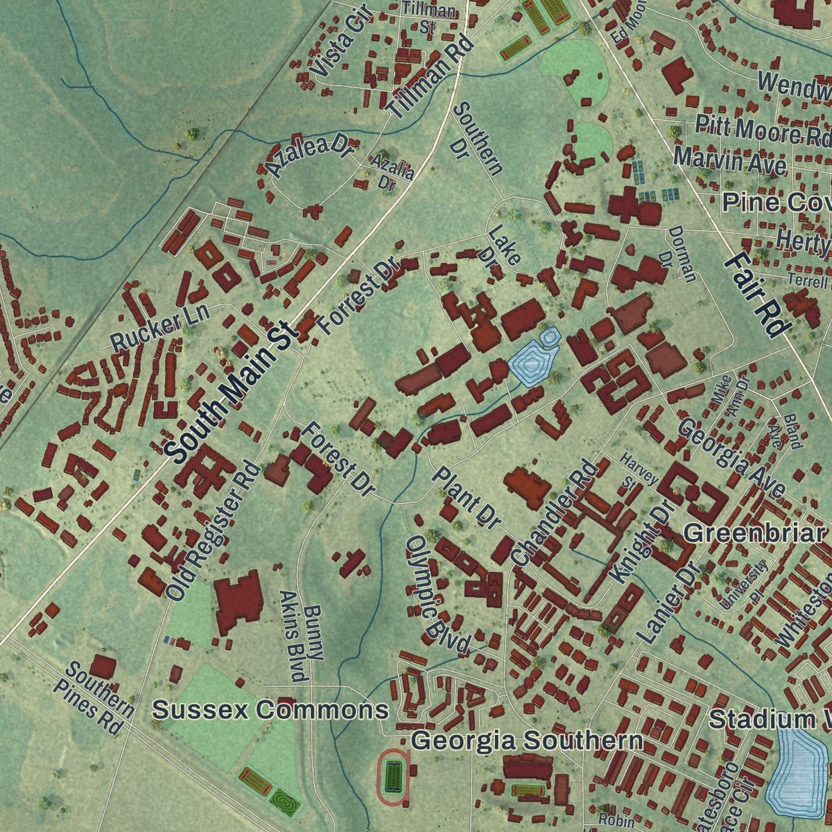 Second close-up of the map of Statesboro, Georgia print showing more streets and buildings