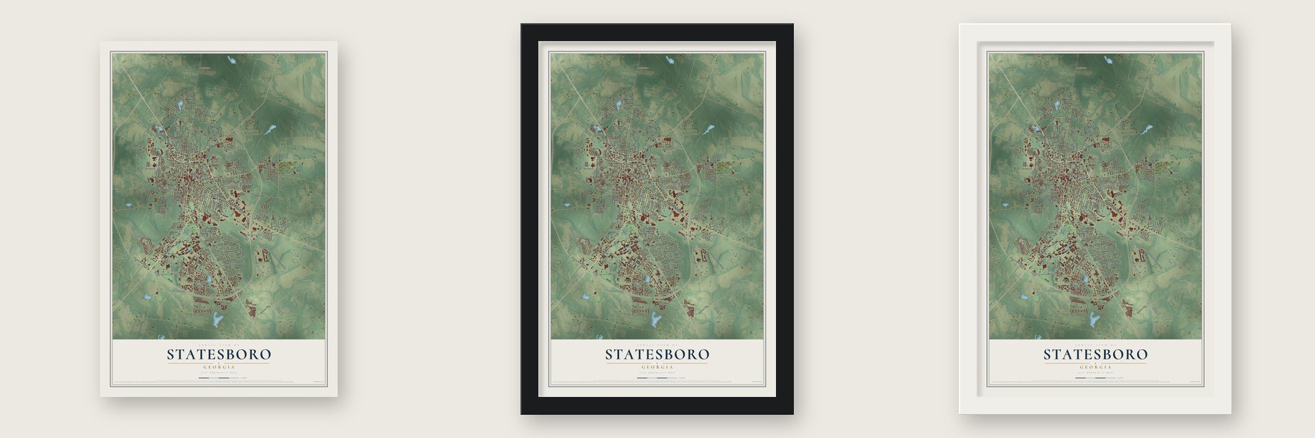 Statesboro, Georgia map unframed, in a black wood frame and in a white wood frame