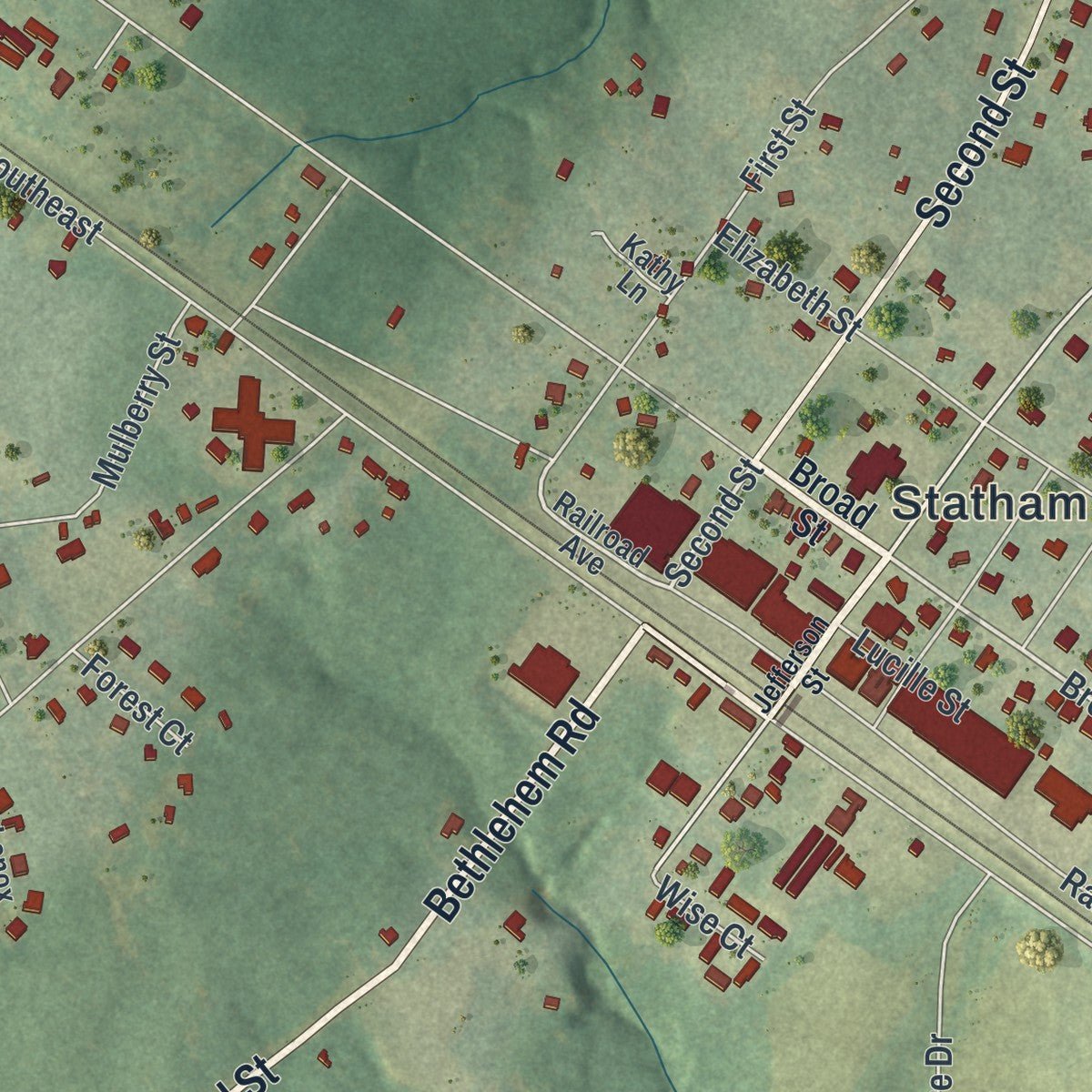Second close-up of the map of Statham, Georgia print showing more streets and buildings