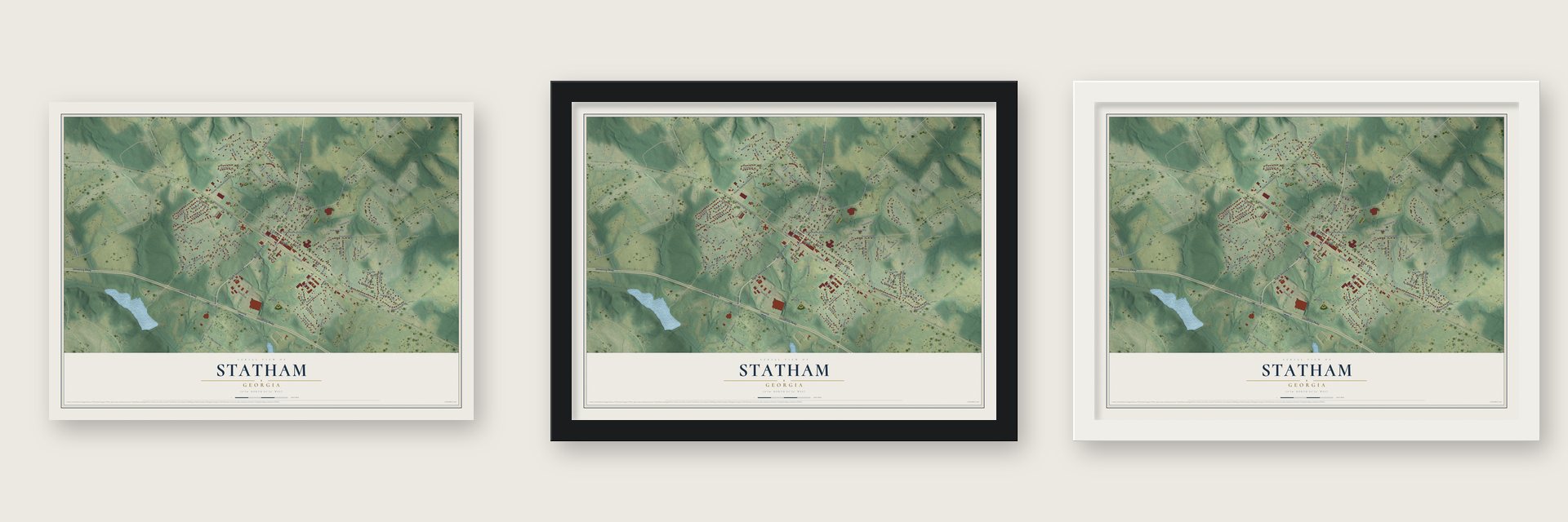 Statham, Georgia map unframed, in a black wood frame and in a white wood frame