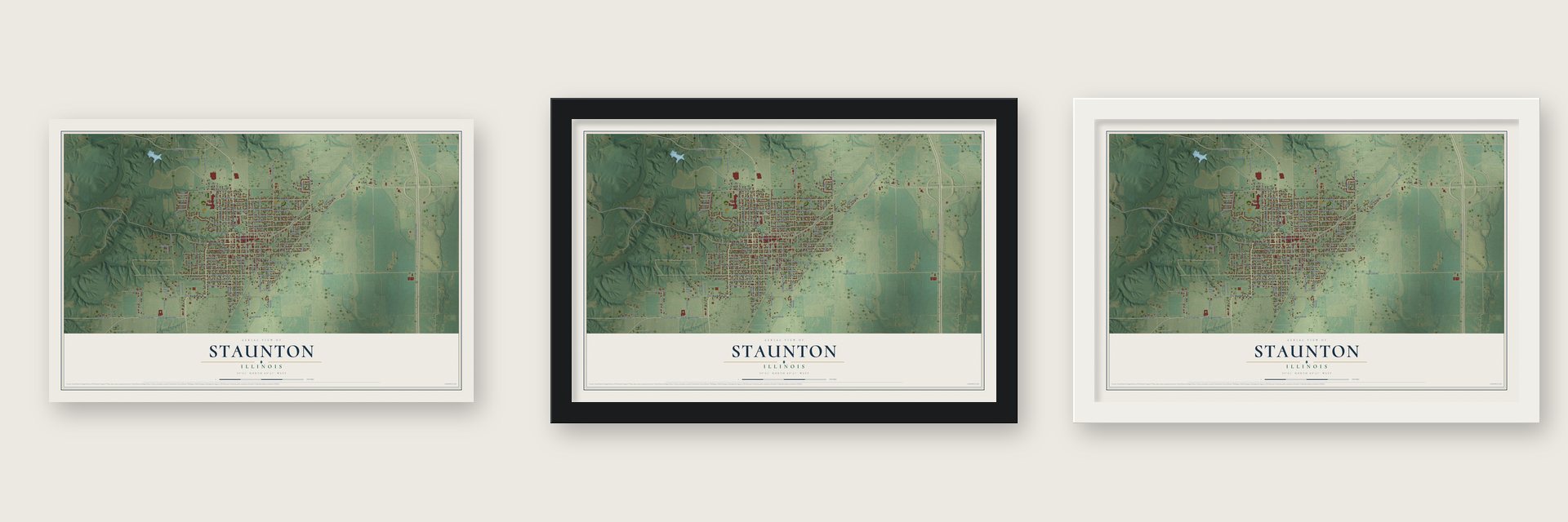 Staunton, Illinois map unframed, in a black wood frame and in a white wood frame