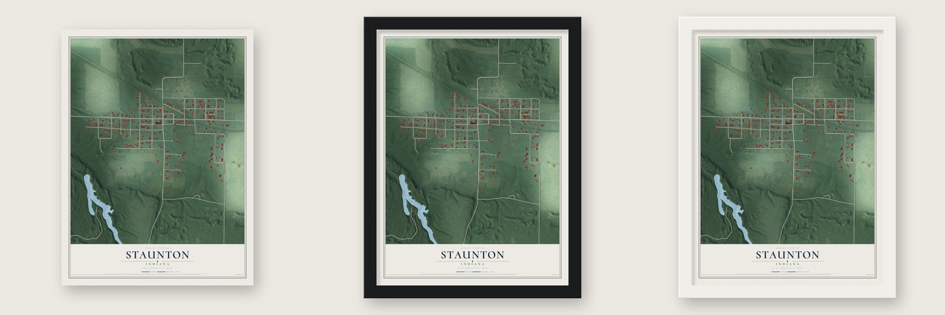 Staunton, Indiana map unframed, in a black wood frame and in a white wood frame