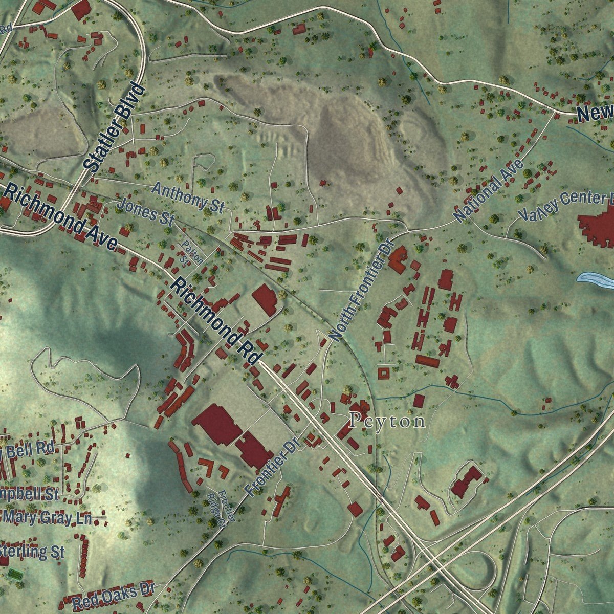 Second close-up of the map of Staunton, Virginia print showing more streets and buildings