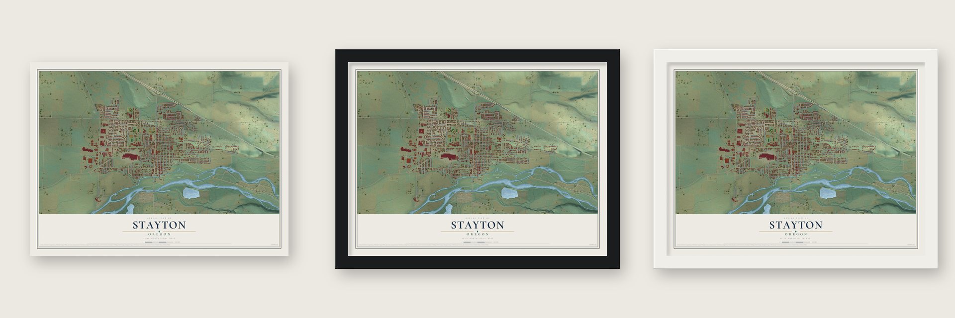 Stayton, Oregon map unframed, in a black wood frame and in a white wood frame