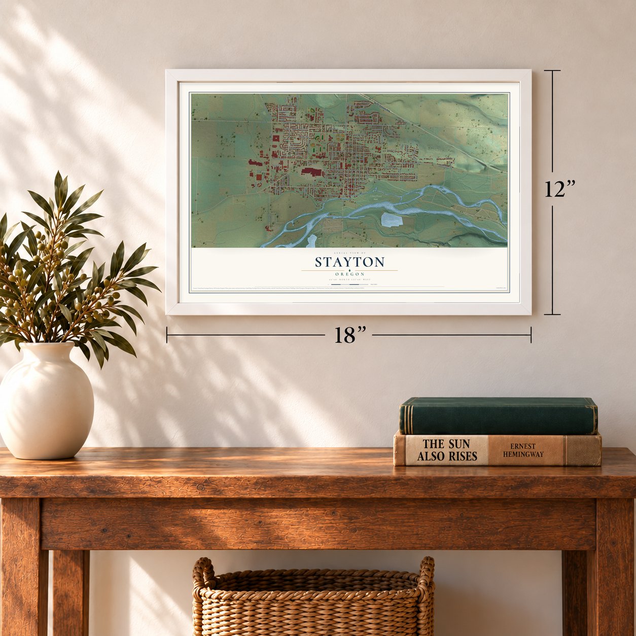 Stayton, Oregon map, 12 x 18 inch print in a white frame in an entryway