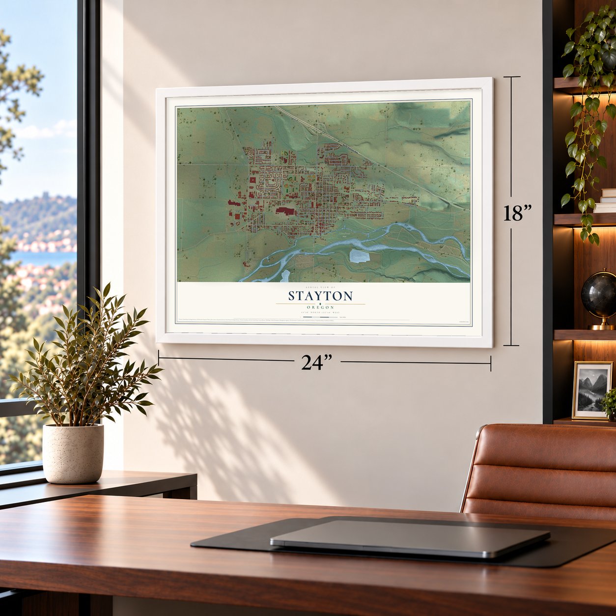 Stayton, Oregon map, 18 x 24 inch print in a white frame in a home office