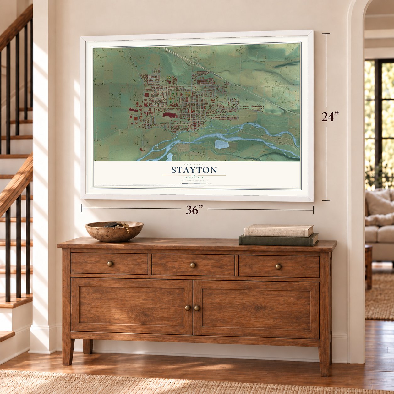 Stayton, Oregon map, 24 x 36 inch print in a white frame above a dresser by a staircase
