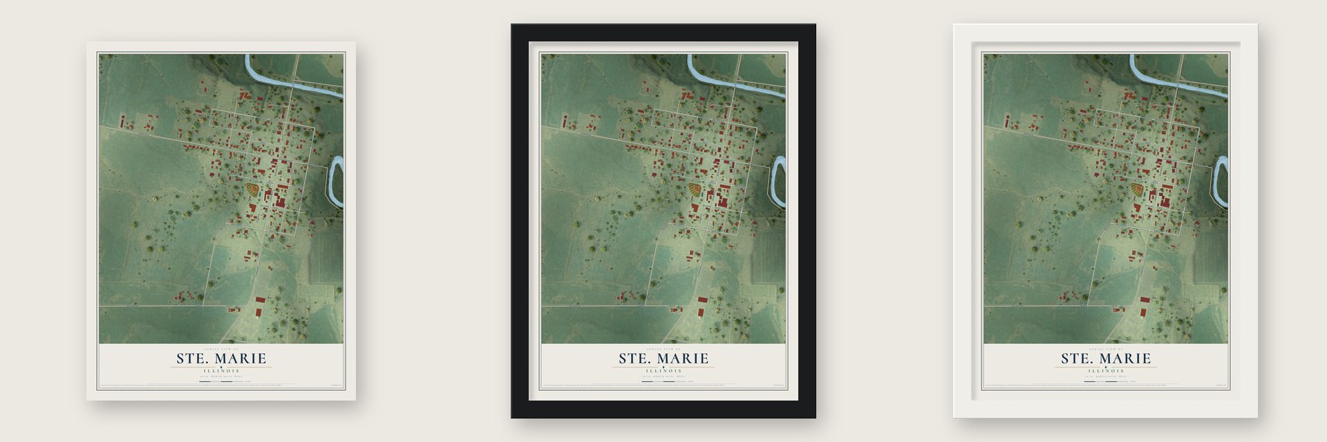 Ste. Marie, Illinois map unframed, in a black wood frame and in a white wood frame