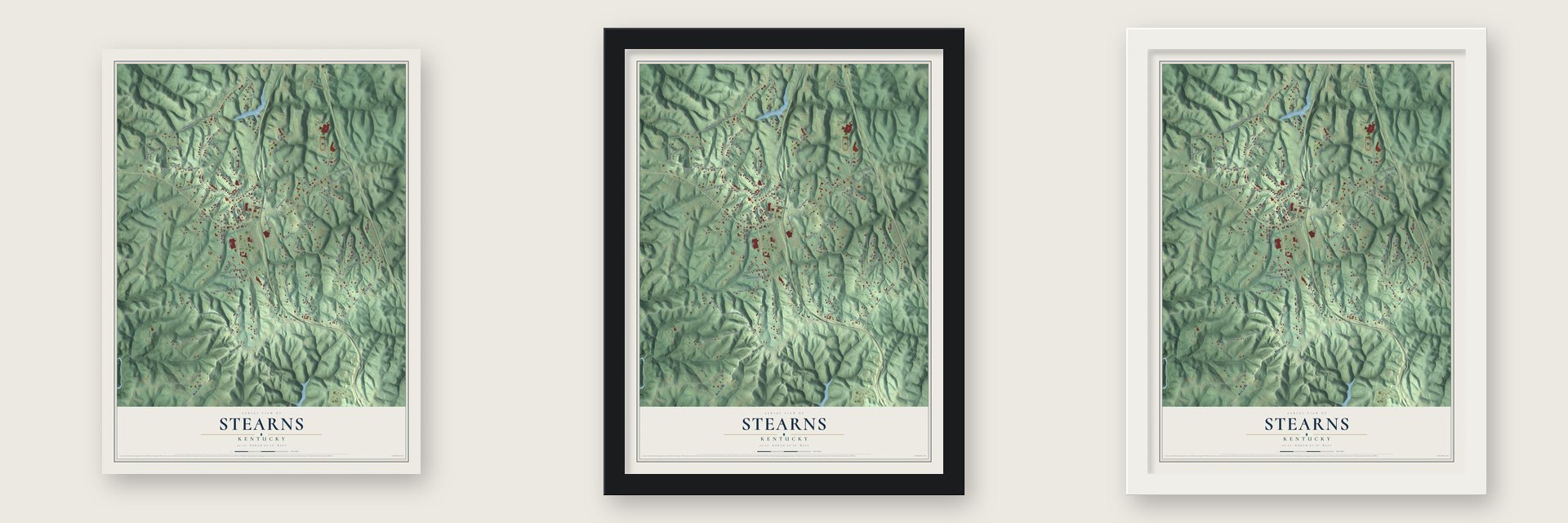Stearns, Kentucky map unframed, in a black wood frame and in a white wood frame