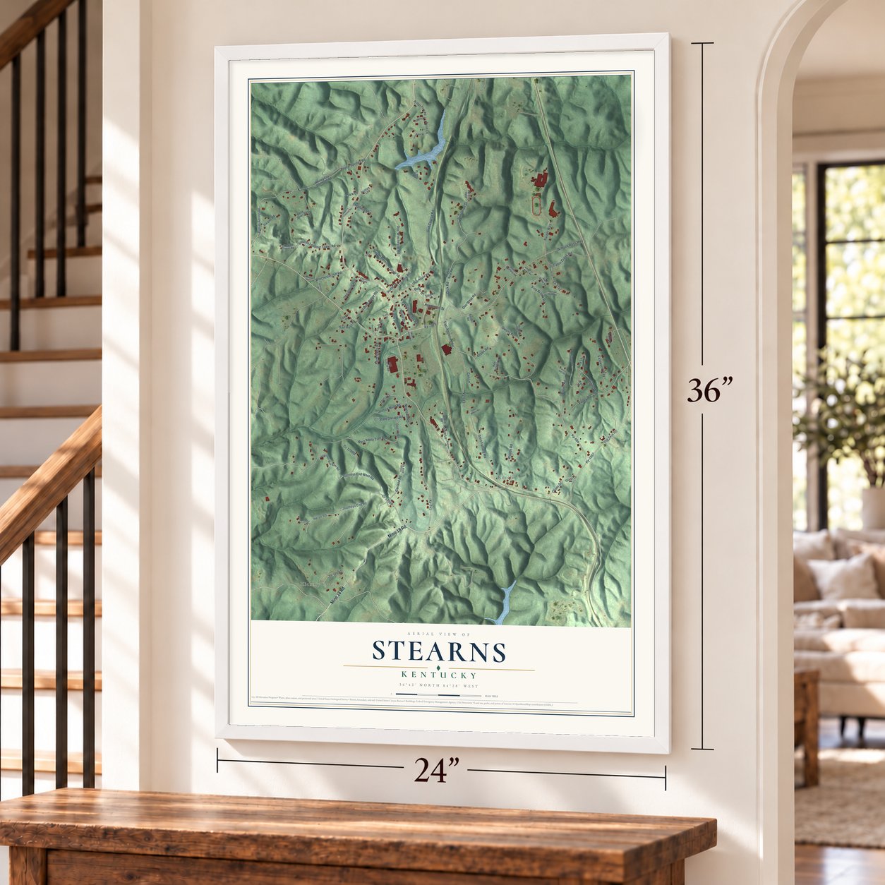 Stearns, Kentucky map, 24 x 36 inch print in a white frame by a staircase