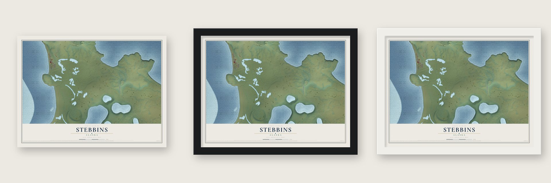Stebbins, Alaska map unframed, in a black wood frame and in a white wood frame
