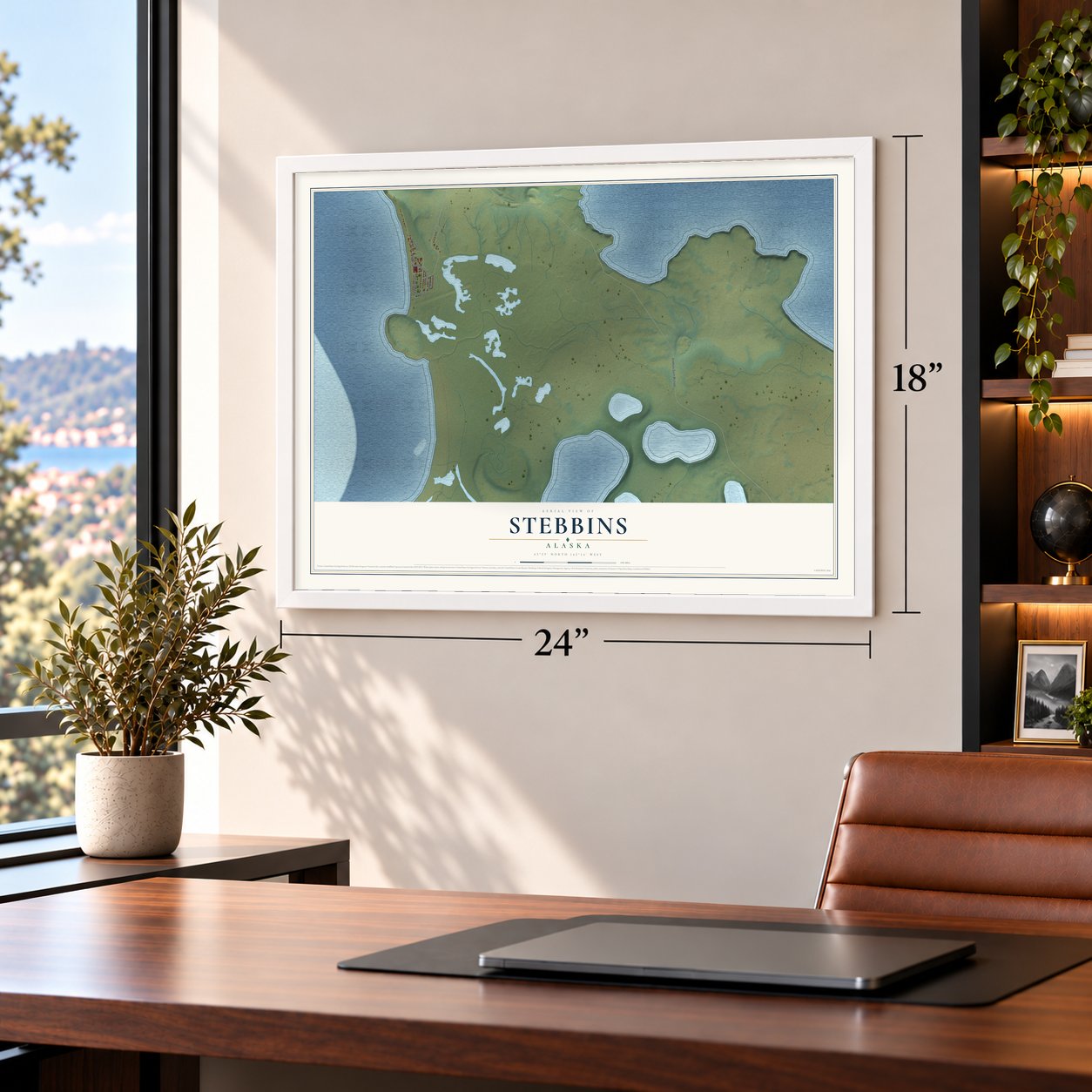 Stebbins, Alaska map, 18 x 24 inch print in a white frame in a home office
