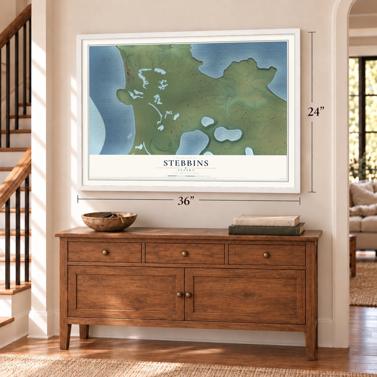 Stebbins, Alaska map, 24 x 36 inch print in a white frame above a dresser by a staircase