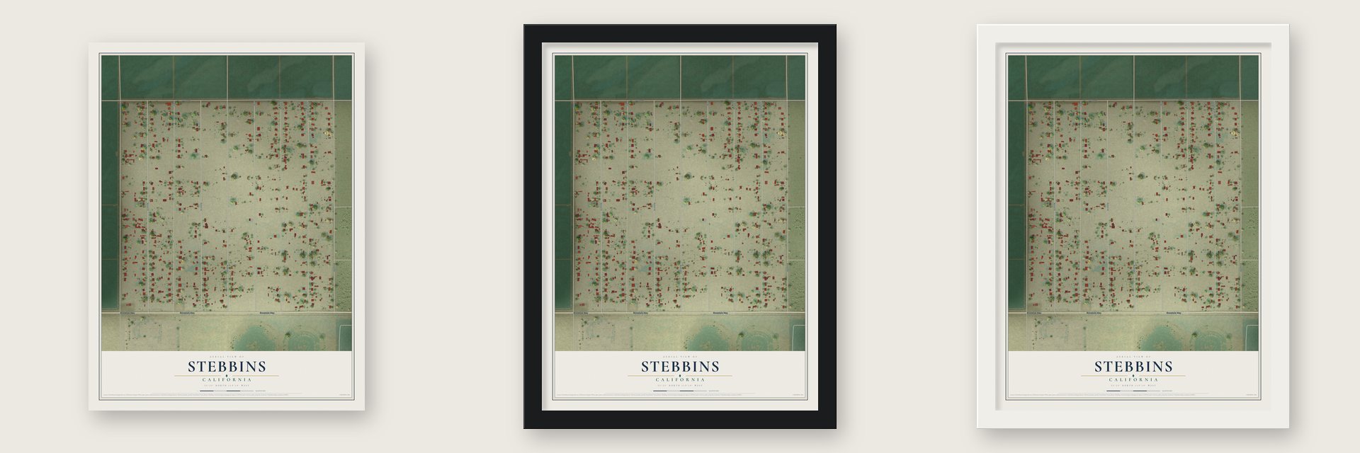 Stebbins, California map unframed, in a black wood frame and in a white wood frame