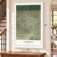 Stebbins, California map, 24 x 36 inch print in a white frame by a staircase