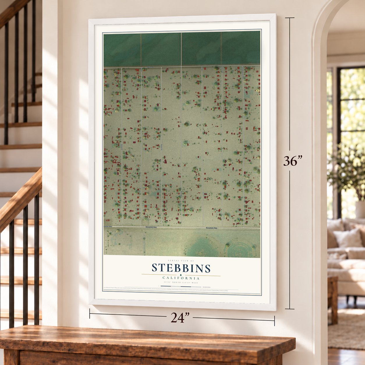 Stebbins, California map, 24 x 36 inch print in a white frame by a staircase