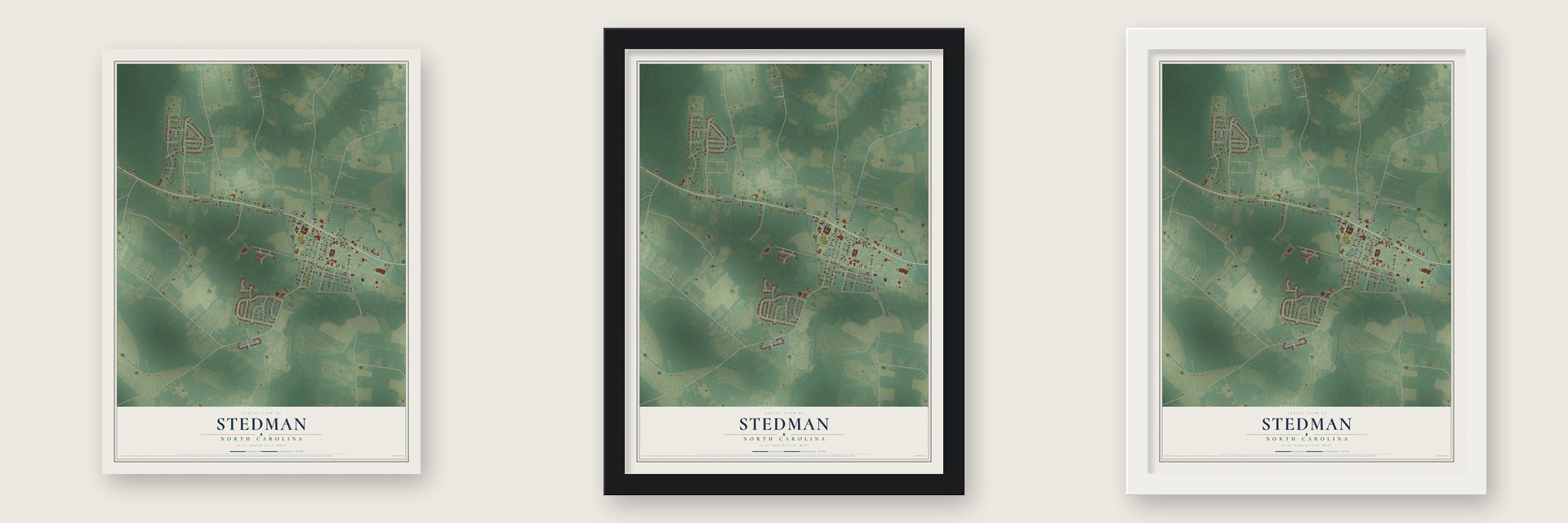 Stedman, North Carolina map unframed, in a black wood frame and in a white wood frame