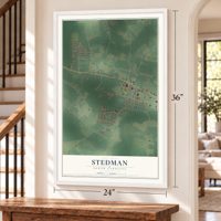Stedman, North Carolina map, 24 x 36 inch print in a white frame by a staircase