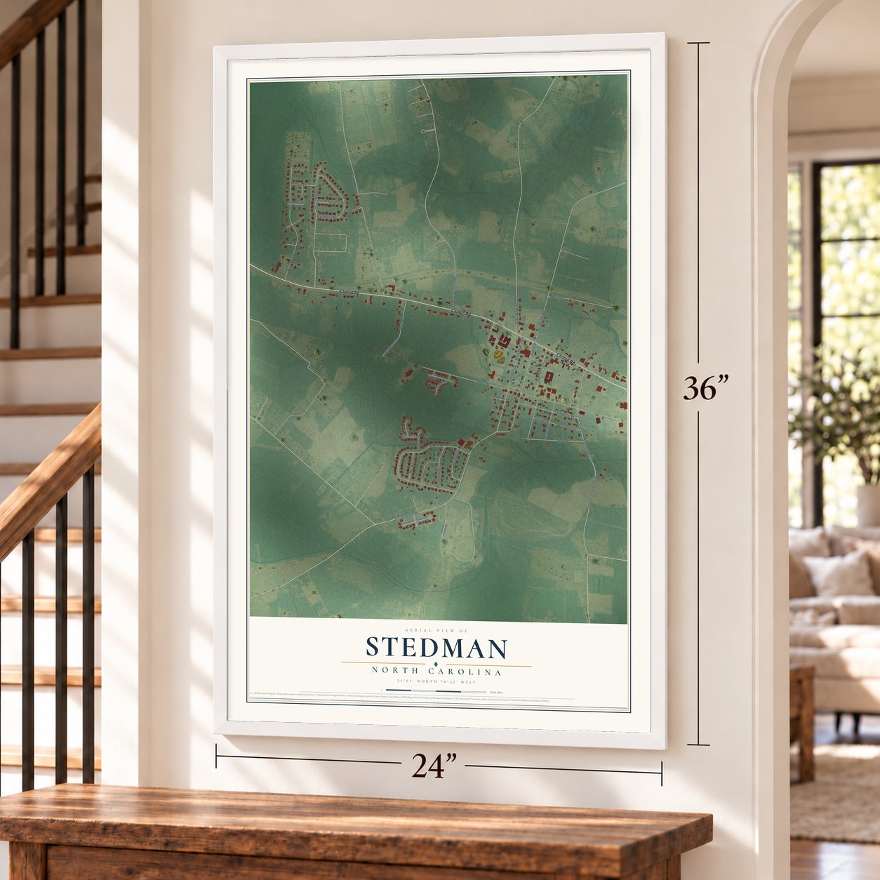 Stedman, North Carolina map, 24 x 36 inch print in a white frame by a staircase