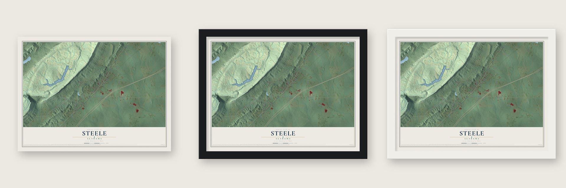 Steele, Alabama map unframed, in a black wood frame and in a white wood frame