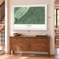 Steele, Alabama map, 24 x 36 inch print in a white frame above a dresser by a staircase