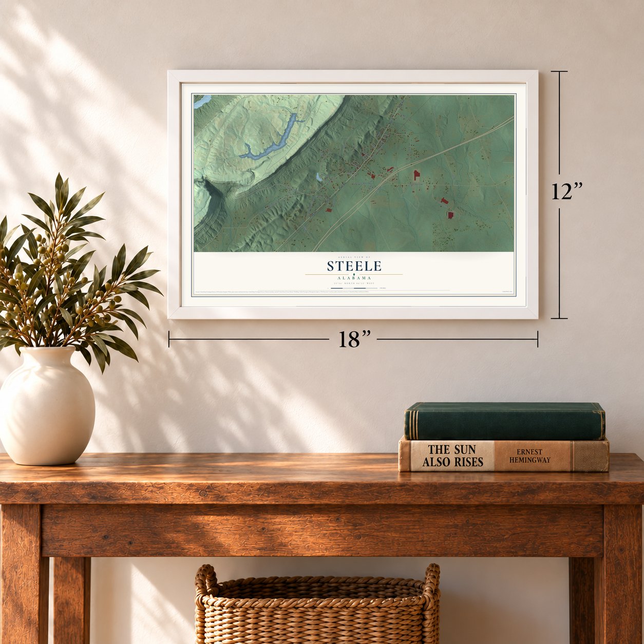 Steele, Alabama map, 12 x 18 inch print in a white frame in an entryway