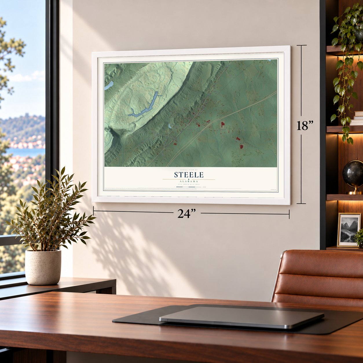 Steele, Alabama map, 18 x 24 inch print in a white frame in a home office