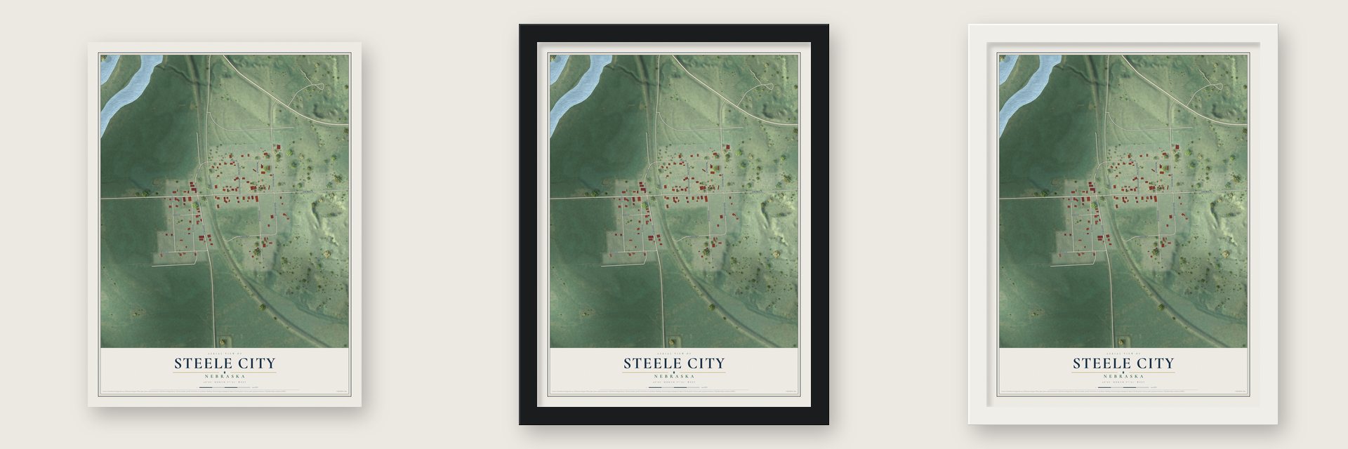 Steele City, Nebraska map unframed, in a black wood frame and in a white wood frame