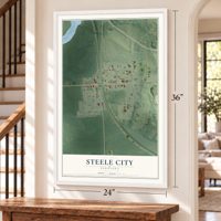 Steele City, Nebraska map, 24 x 36 inch print in a white frame by a staircase