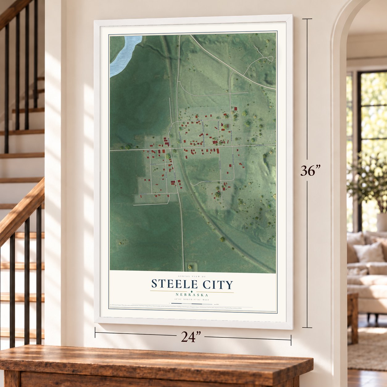 Steele City, Nebraska map, 24 x 36 inch print in a white frame by a staircase