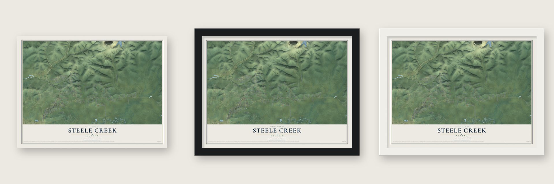 Steele Creek, Alaska map unframed, in a black wood frame and in a white wood frame