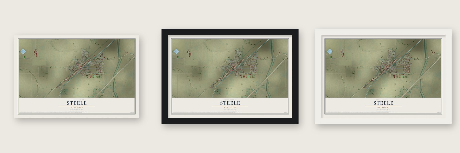 Steele, Missouri map unframed, in a black wood frame and in a white wood frame
