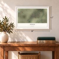 Steele, Missouri map, 12 x 18 inch print in a white frame in an entryway