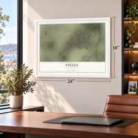 Steele, Missouri map, 18 x 24 inch print in a white frame in a home office