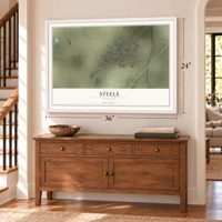 Steele, Missouri map, 24 x 36 inch print in a white frame above a dresser by a staircase