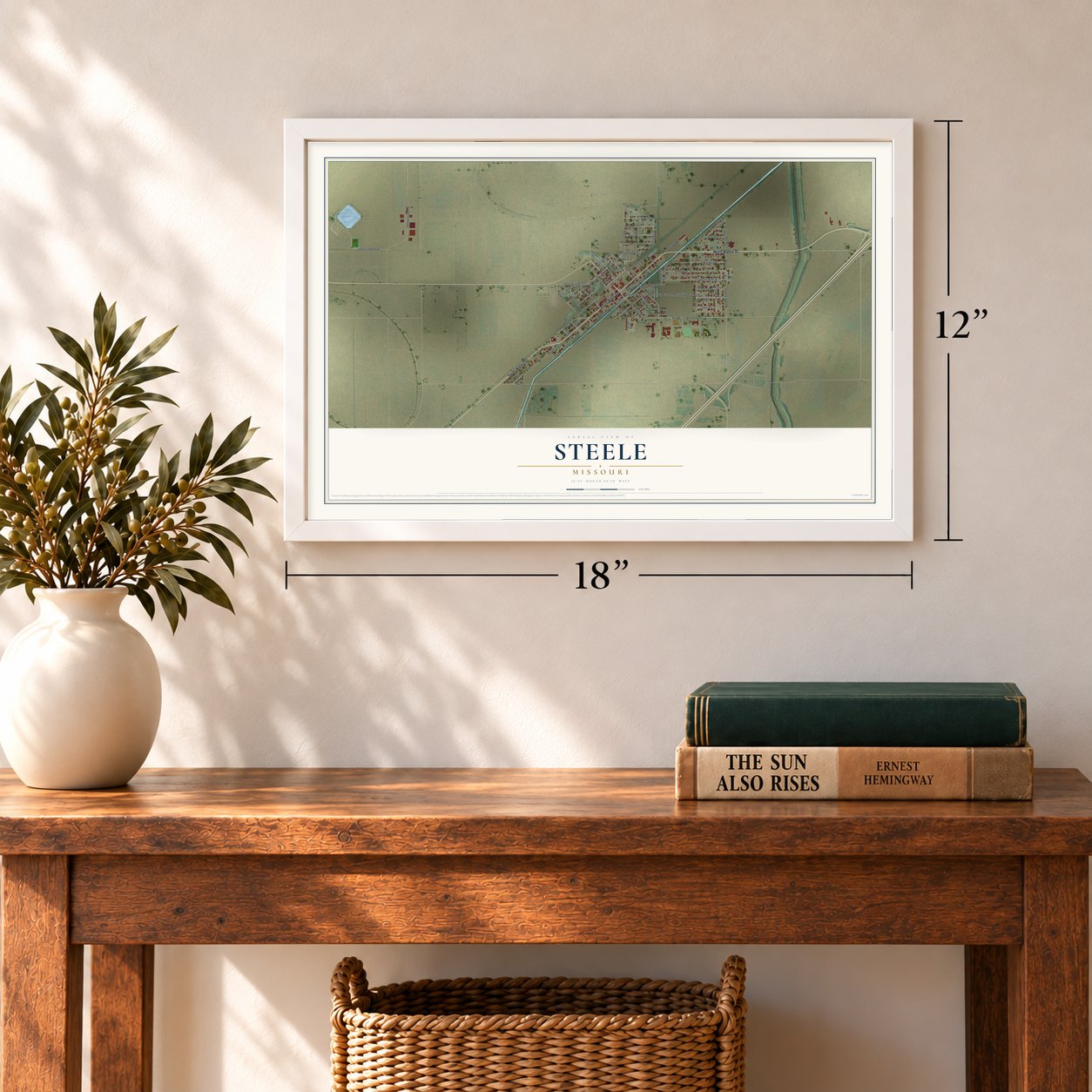Steele, Missouri map, 12 x 18 inch print in a white frame in an entryway