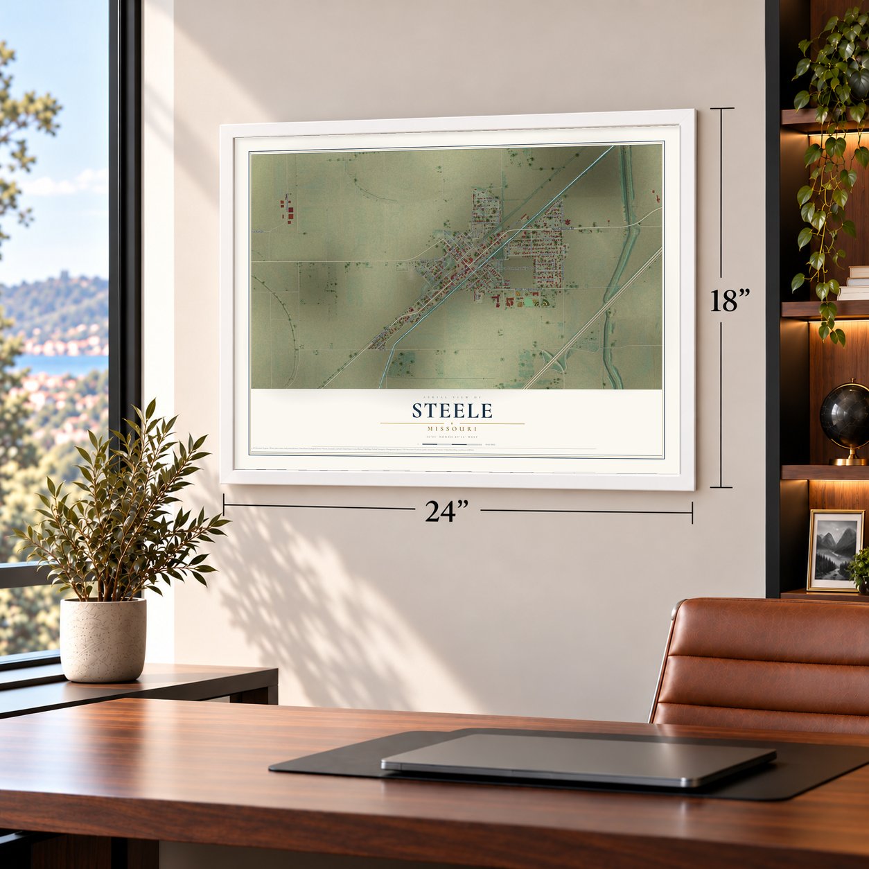 Steele, Missouri map, 18 x 24 inch print in a white frame in a home office